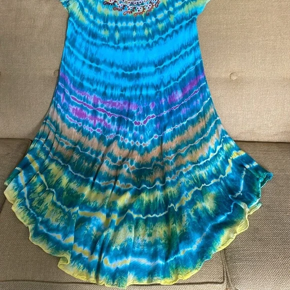 Wine’s Tie-Dye Summer Dress Short Sleeves Embroidered Size OS - Picture 7 of 13